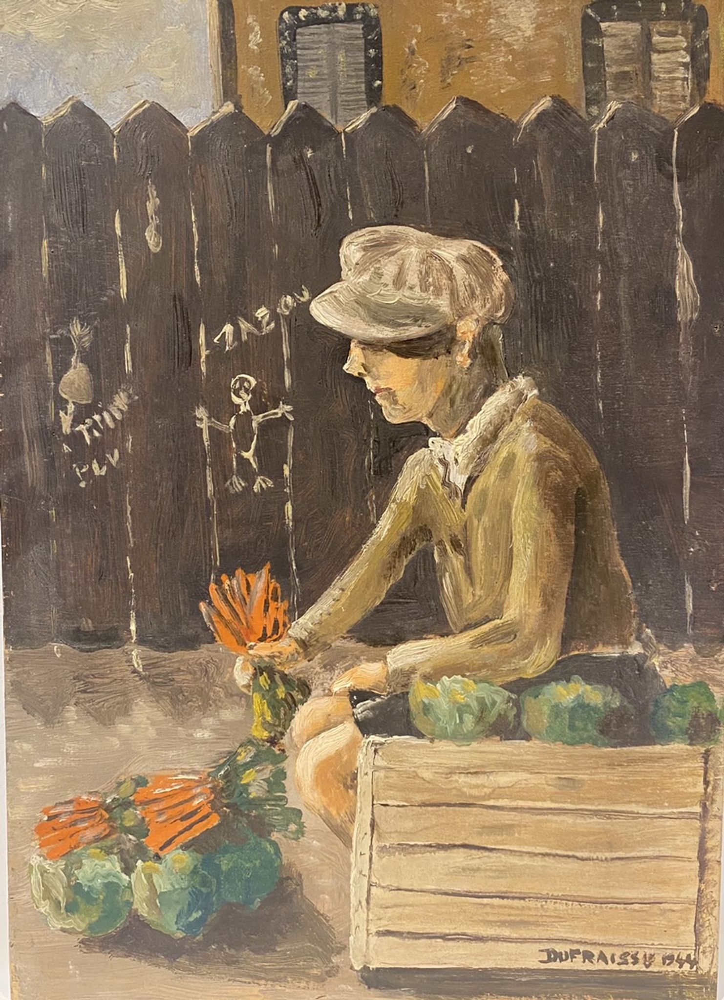 Old painting, portrait of a boy in a vegetable garden signed Dufraisse dated 1944