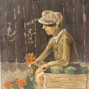 Old painting, portrait of a boy in a vegetable garden signed Dufraisse dated 1944