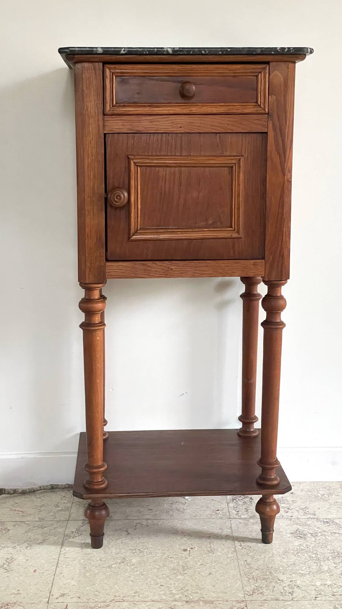 Antique bedside table in wood and marble
