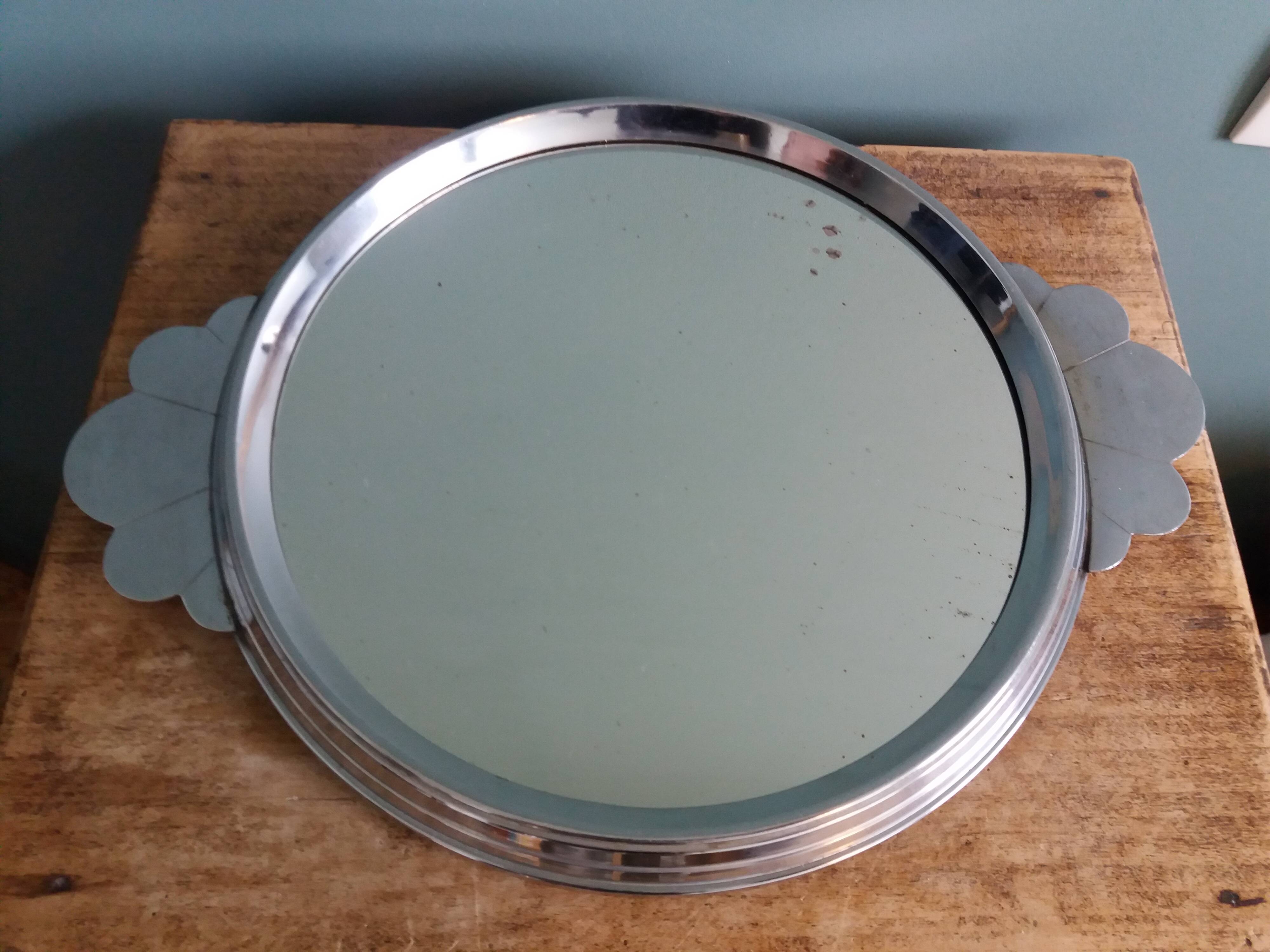 Art Deco silver round mirror tray