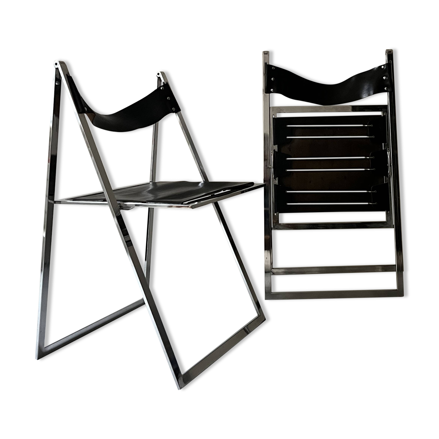 Set of 2 folding chairs in leather and chrome model Elios by Fontini & Geraci, Italy 1970