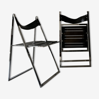 Set of 2 folding chairs in leather and chrome model Elios by Fontini & Geraci, Italy 1970