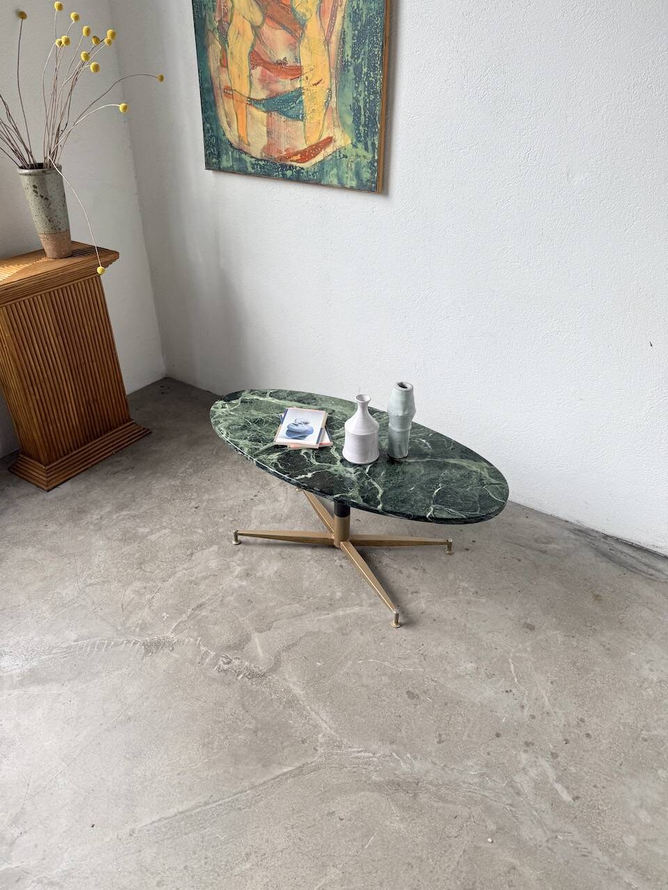 Table basse en marbre vert et laiton par Michel Kin pour Arflex