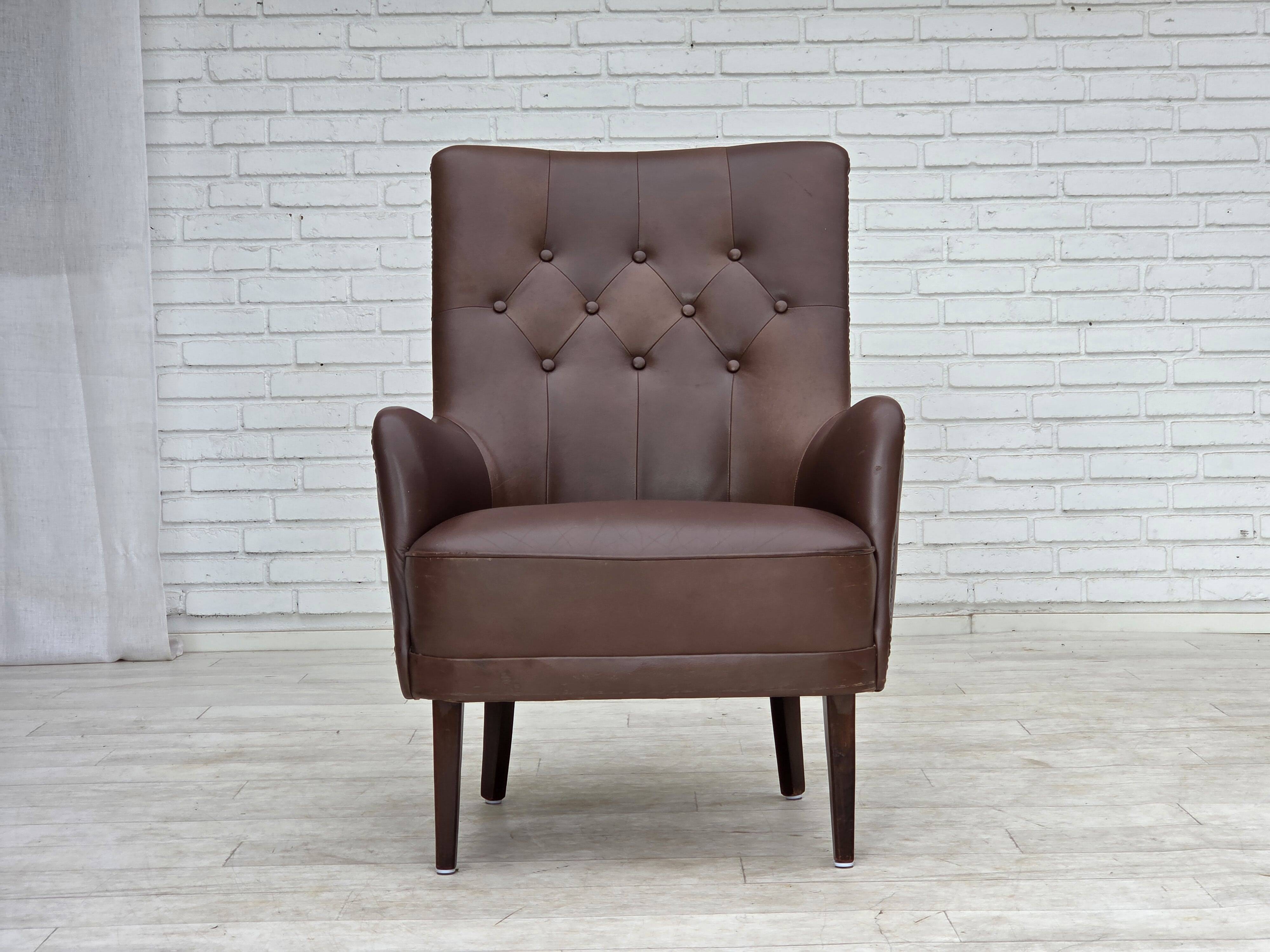 1970s, Danish armchair, original brown furniture leather.