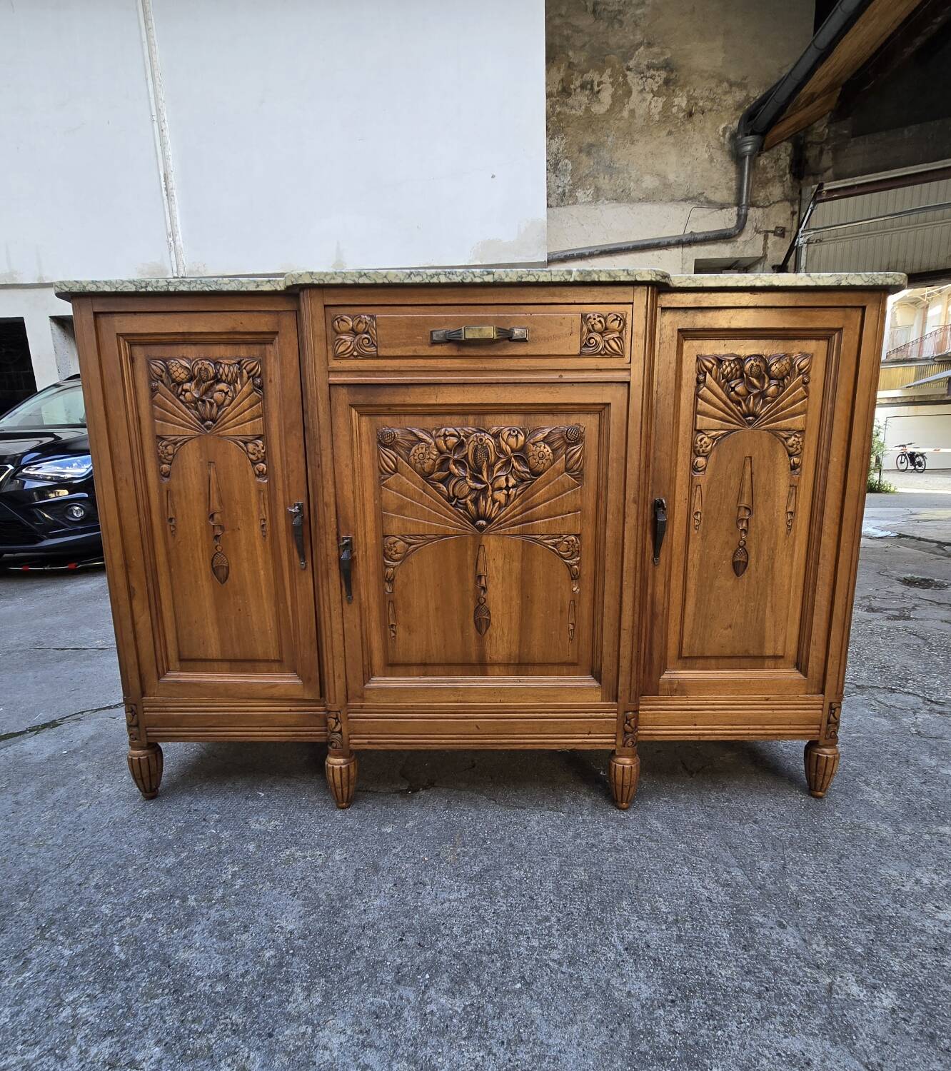 Solid wood carved sideboard with marble top, Art Nouveau style