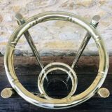 Vintage faux bamboo pedestal table in brass with 2 glass shelves