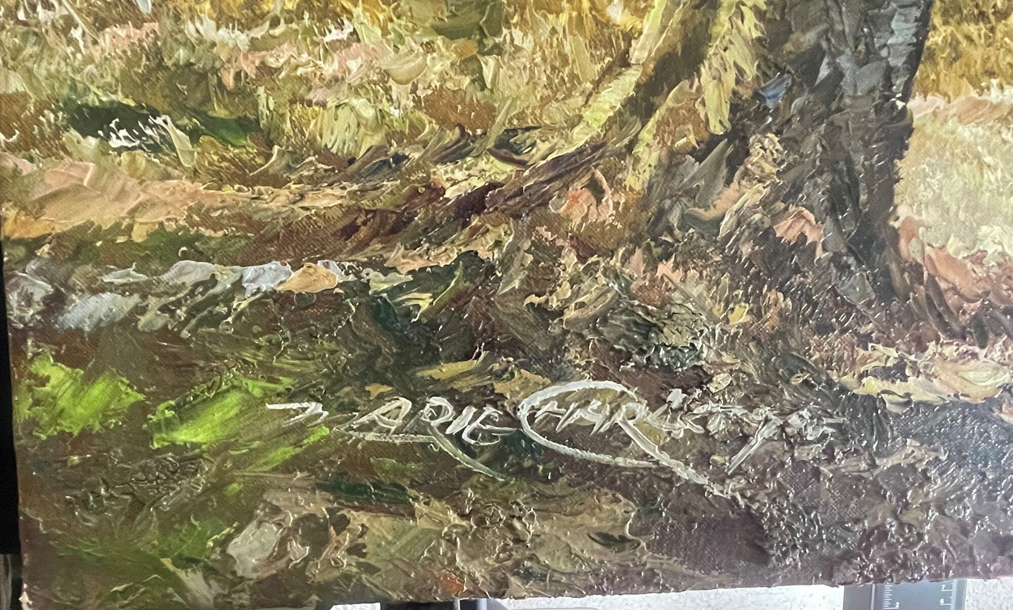 Oil painting on canvas animated lake landscape signed