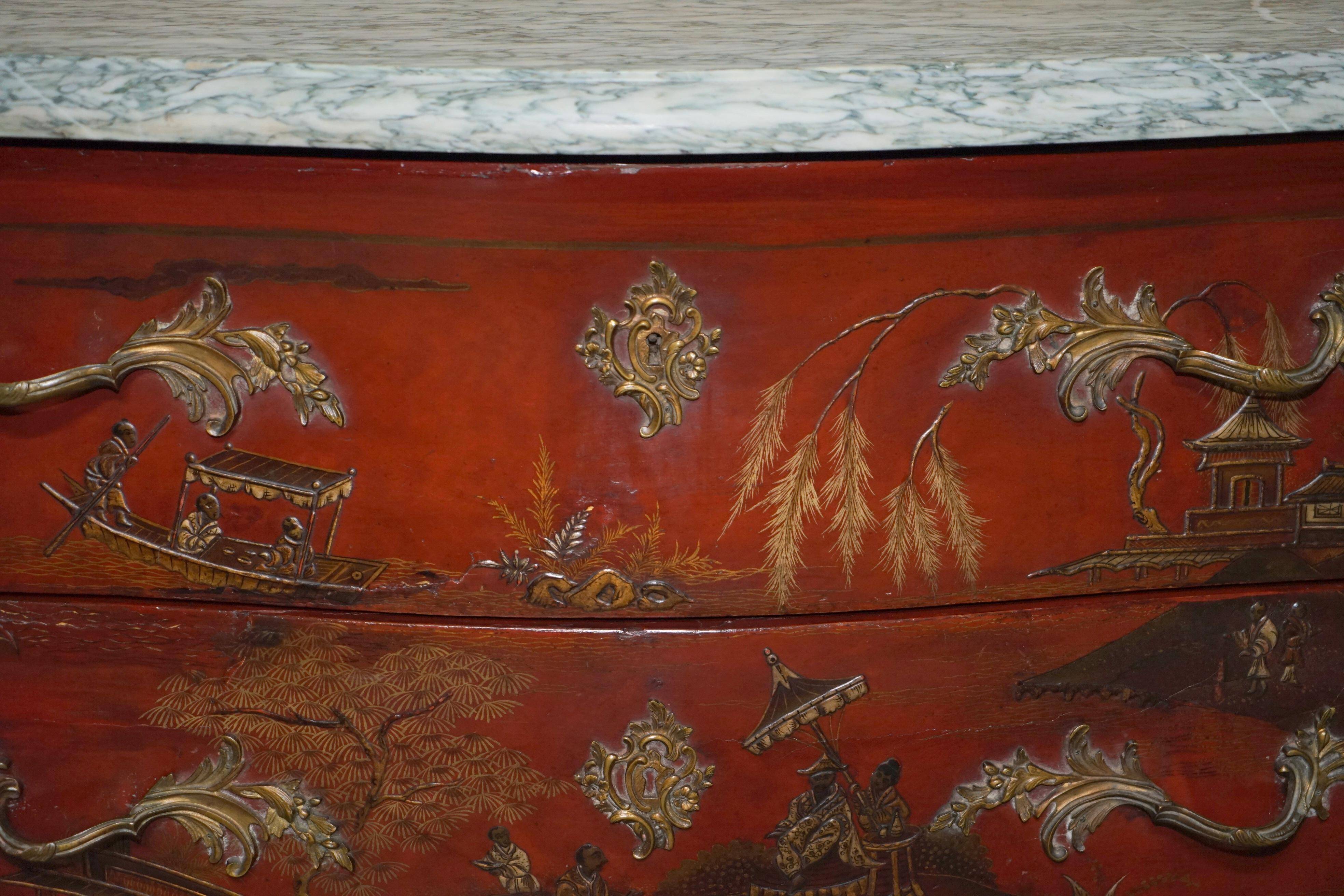 Chinoiserie Bombé Commode in Oak, Marble and Gilded Wood