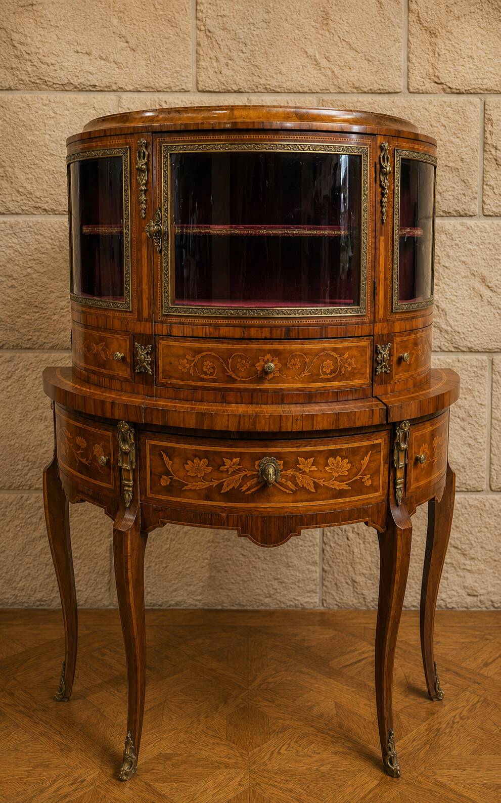 Desk - Display cabinet in the style of Louis XV with marquetry.