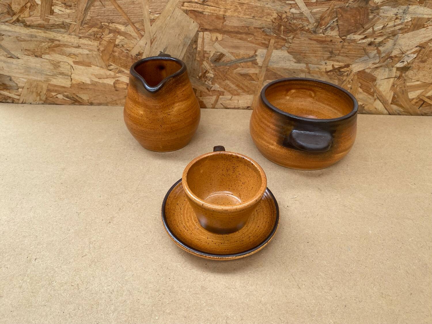 Old tea coffee service st amand meylan ceramic brown beige vintage