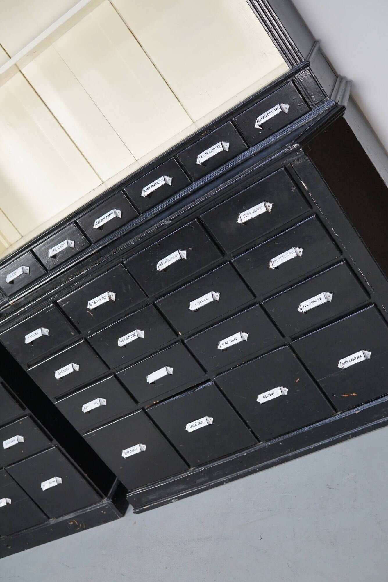 Large pair of antique apothecary cabinets painted black, Eastern Europe, 1910s
