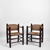 Pair of turned wood and straw armchairs, 1950s.