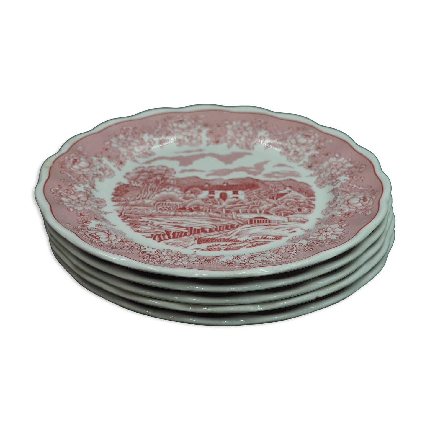 5 red English Landscape pattern dinner plates