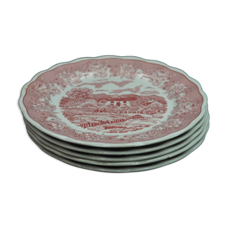 5 red English Landscape pattern dinner plates