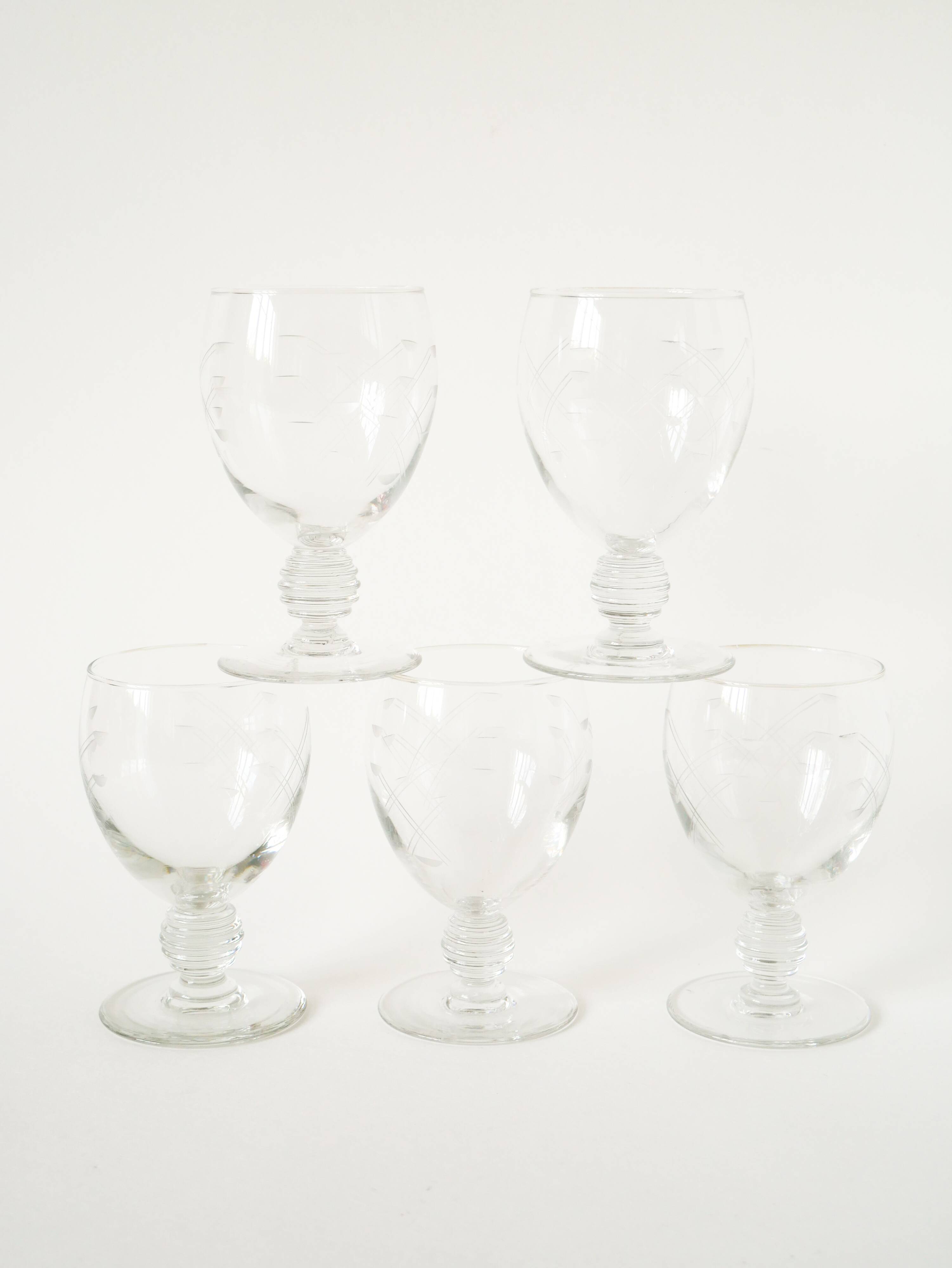 Set of 5 small wine glasses with intricately carved stems, in engraved crystal, Art No.