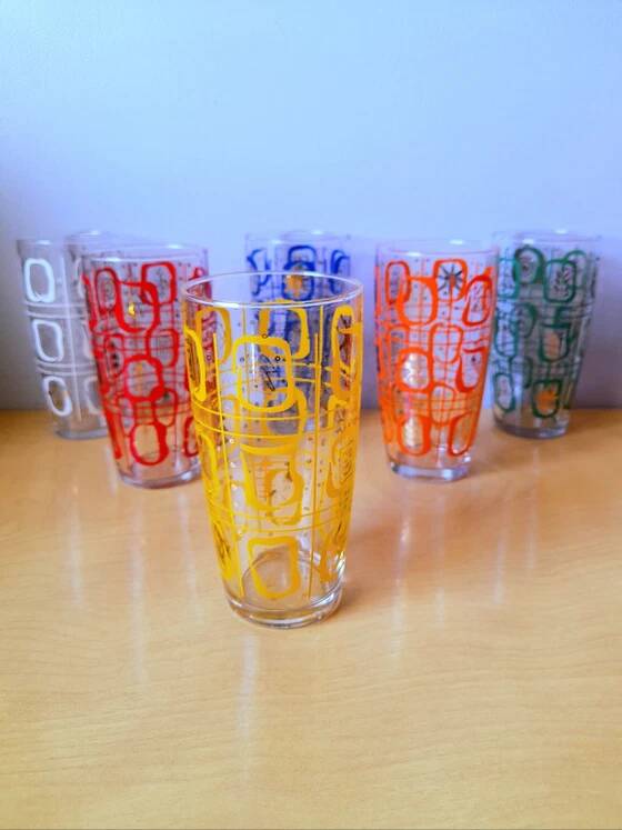 Set of 6 Screen-Printed Glasses 1960