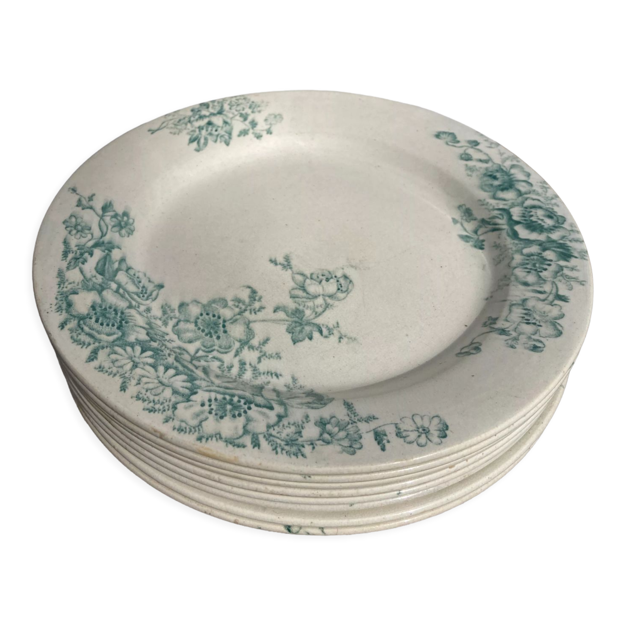 8 Terre de fer plates Anémones Bertrand Bordeaux old in green ceramic decorated with flowers