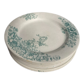 8 Terre de fer plates Anémones Bertrand Bordeaux old in green ceramic decorated with flowers