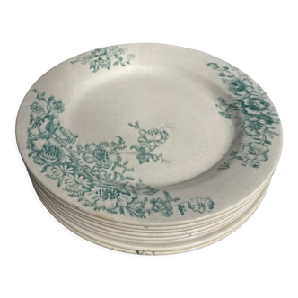 8 assiettes Terre de fer Anémones Bertrand Bordeaux anciennes en céramique verte à décor de fleurs