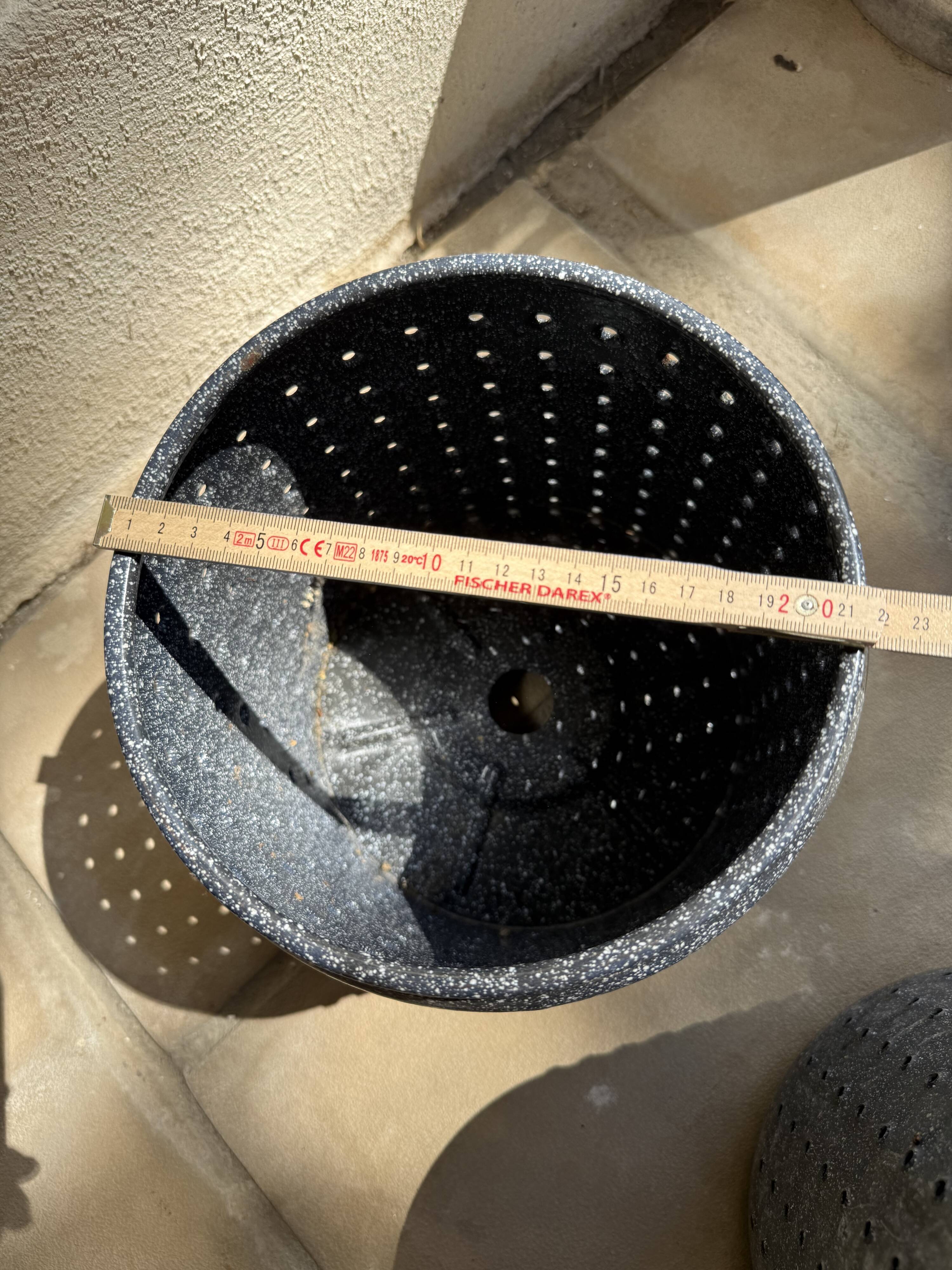 Vintage perforated enamelled sheet metal planter, 50s design