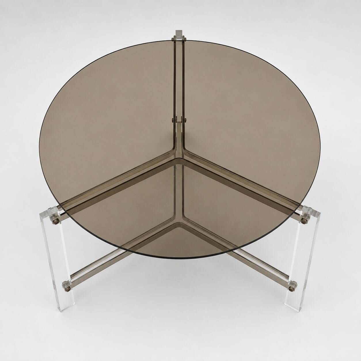 Vintage round coffee table in smoked glass and plexiglass – 1970s