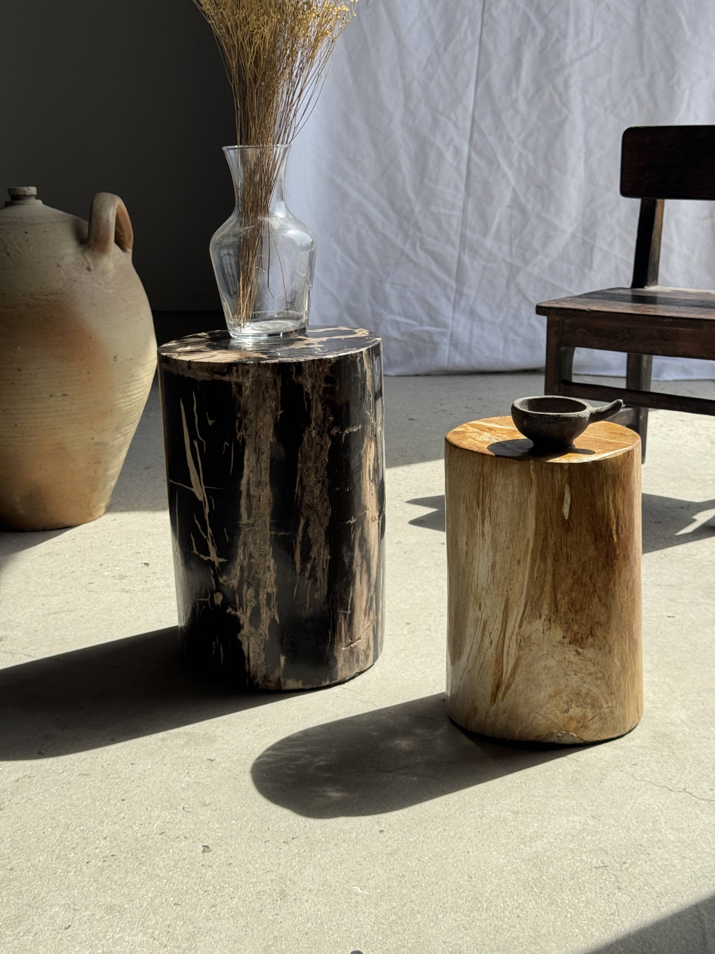 Black petrified wood side table with beige stripes and a semicircular shape.