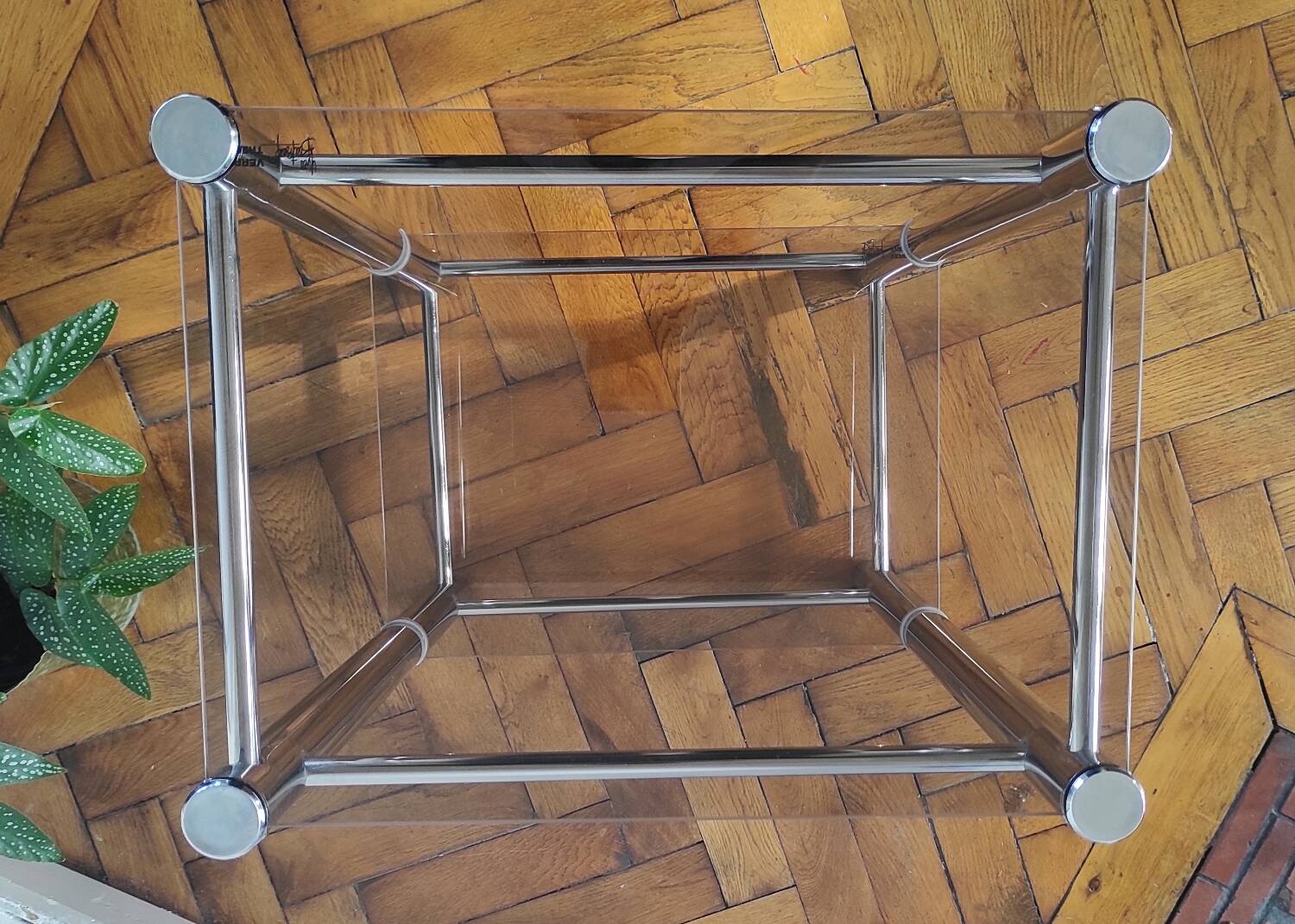 Sellette / Table d'appoint vintage Yves Boutboul - Métal chromé & verr
