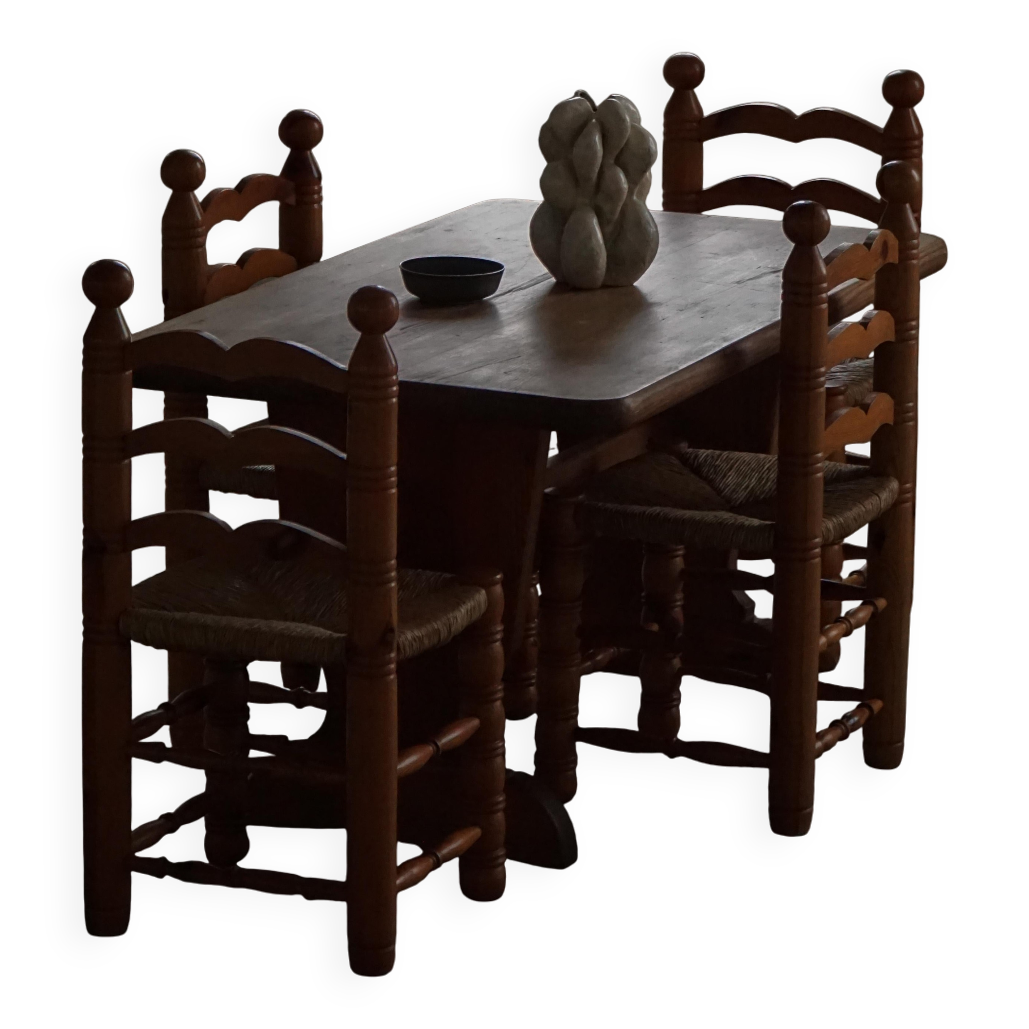 Set of 6 modern French brutalist chairs, in the style of Charles Dudouyt, made in the 1960s.