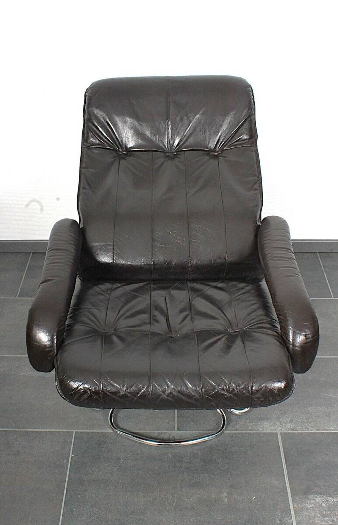 Unico 1970s Dark Brown Leather Lounge Chair and Ottoman Set of 2