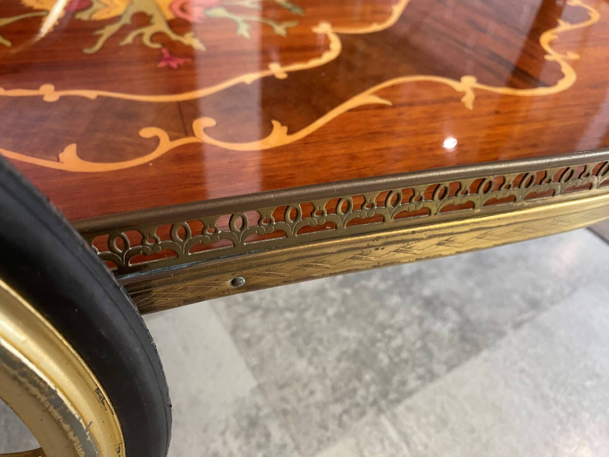 3-wheel serving trolley with 2 shelves, vintage bar marquetry on wheels, 50s