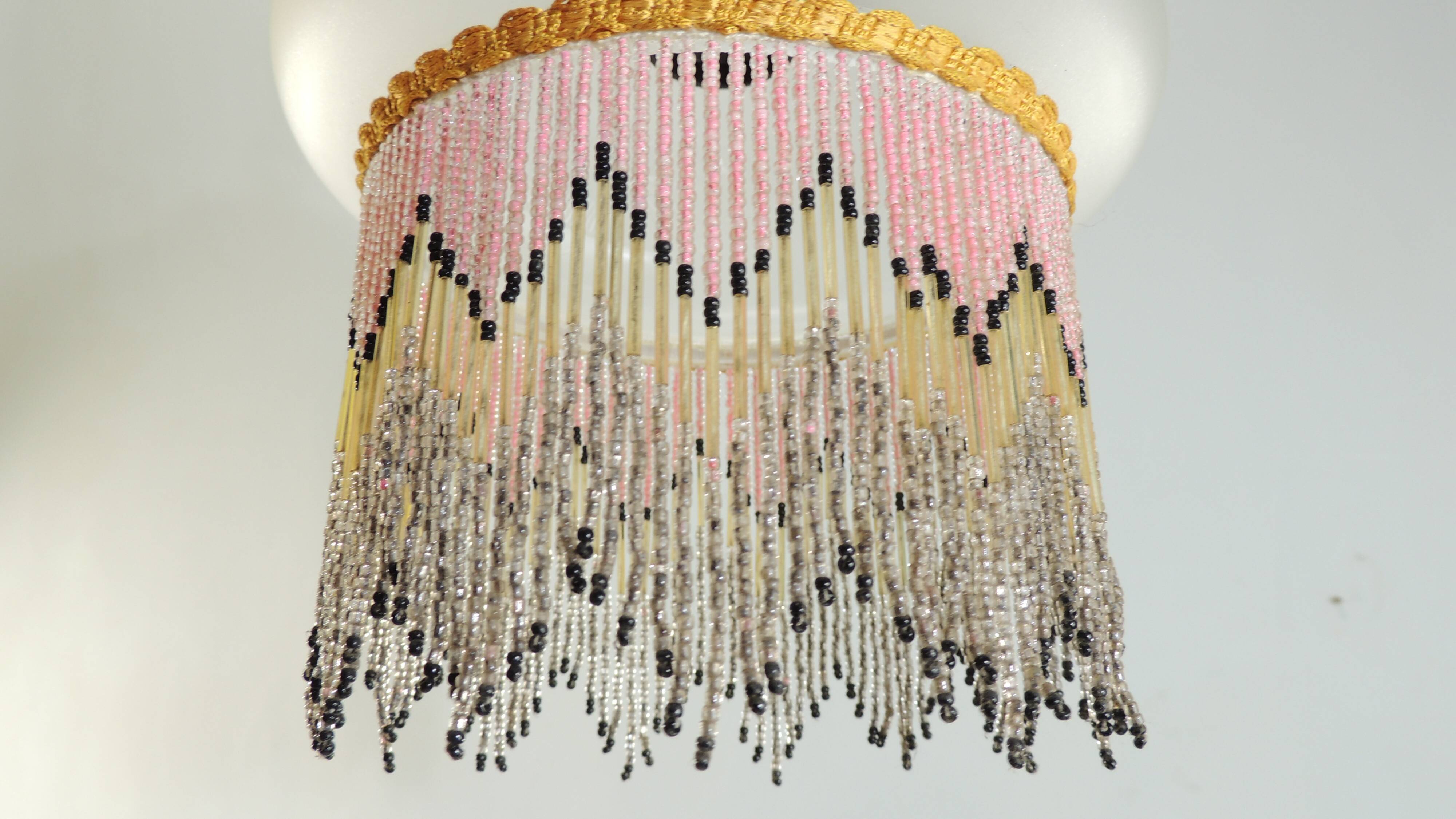 Charleston pendant lamp / engraved and frosted glass and glass bead fringe / vintage