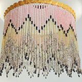 Charleston pendant lamp / engraved and frosted glass and glass bead fringe / vintage