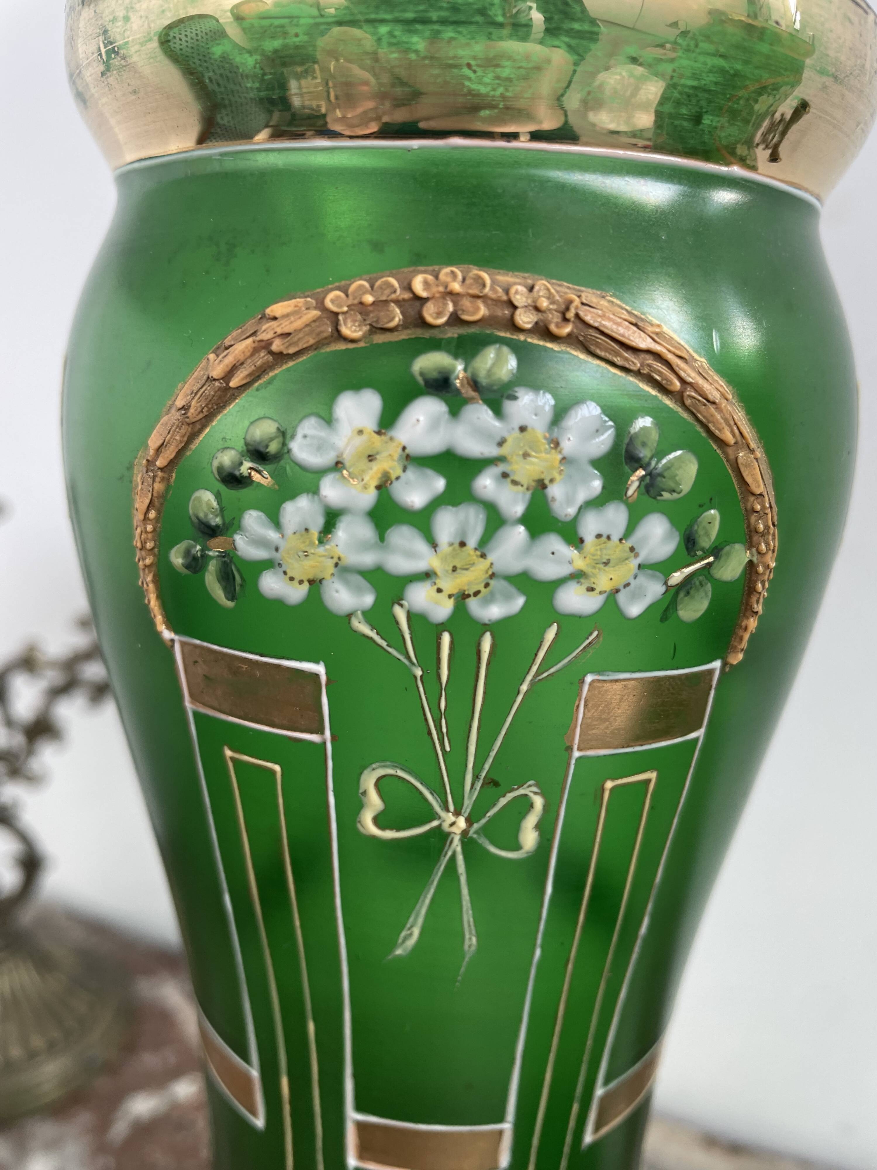 Antique, pair, green vases, flower decoration, golden, ART DECO, daisies, knot, hand painted
