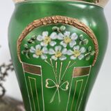 Paire de vases verts, décor fleurs, doré, art deco, marguerites, nœud, peint à la main, antique