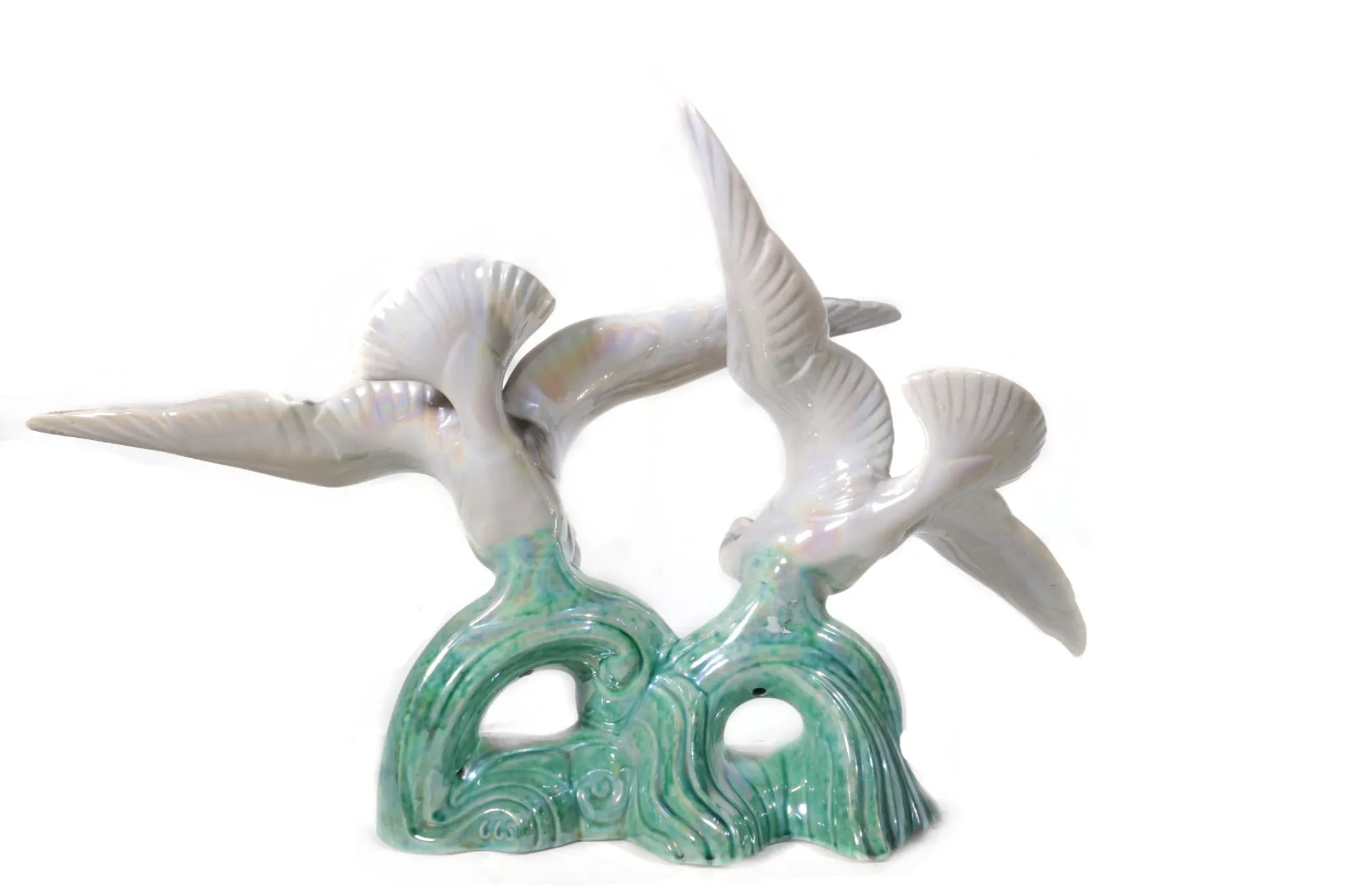 Art deco porcelain sculpture of two flying birds – iridescent, 1920s