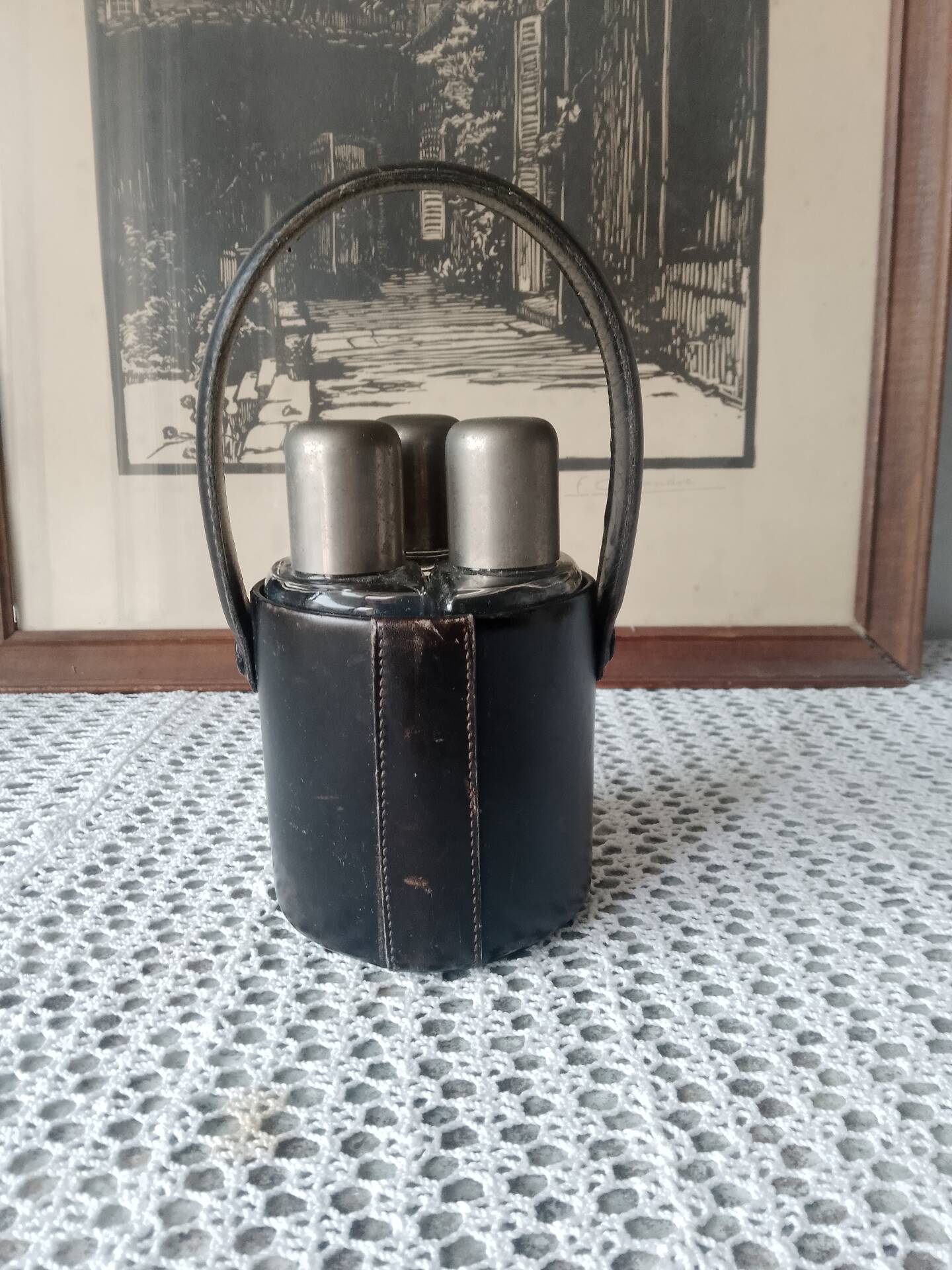 Liquor cabinet / set of 3 vintage travel flasks by Le Tanneur