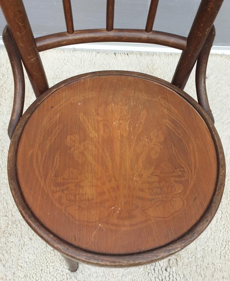 Pair chairs bistrot Thonet pyrograved design 1900 Art Nouveau