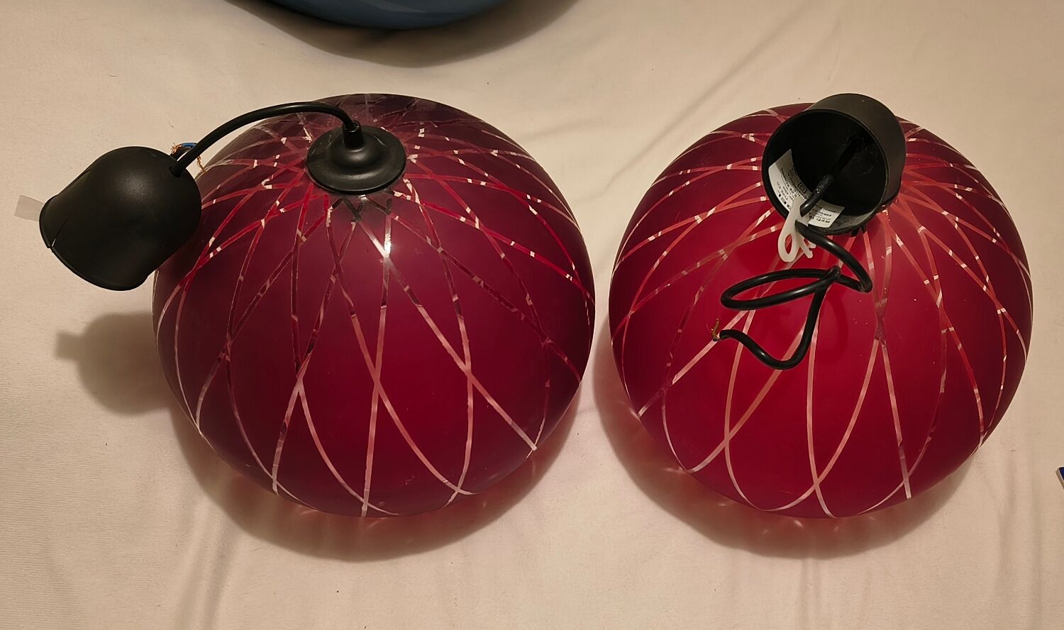 2 red glass Tosel pendants
