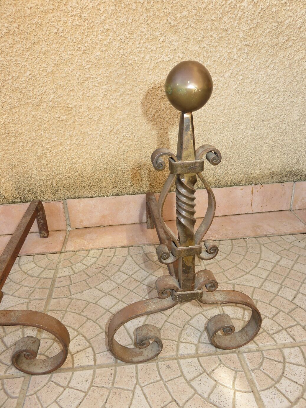 Andirons cast iron and brass ball