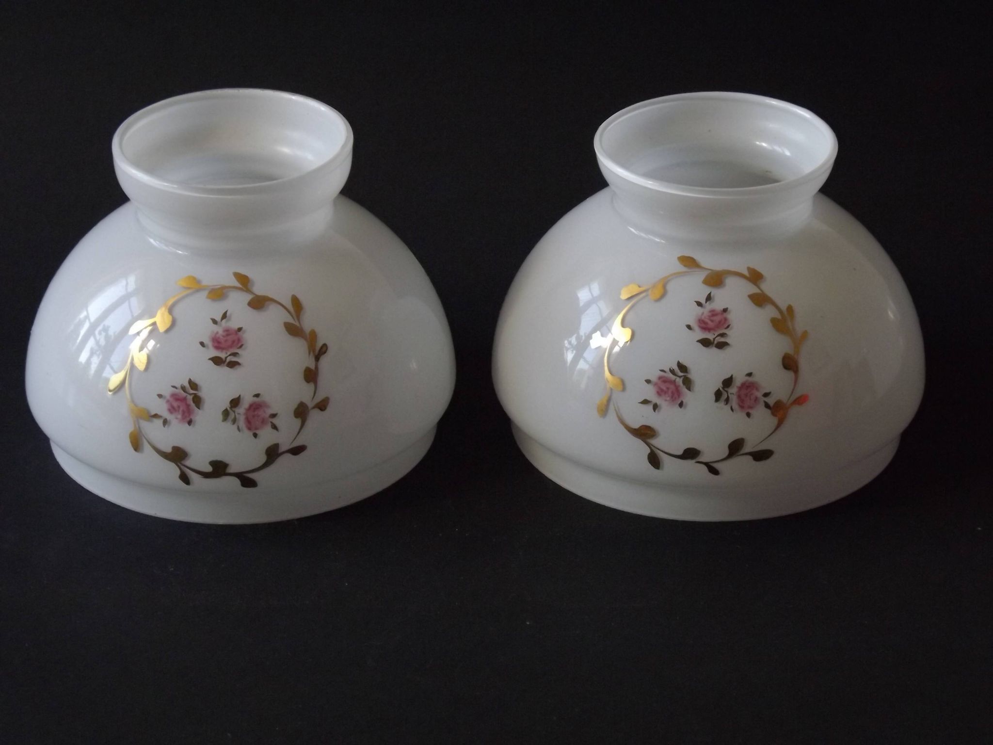 Pair of Vintage White Milk Glass Lamp Shades With Pink Roses & Gold Foliage