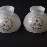 Pair of Vintage White Milk Glass Lamp Shades With Pink Roses & Gold Foliage