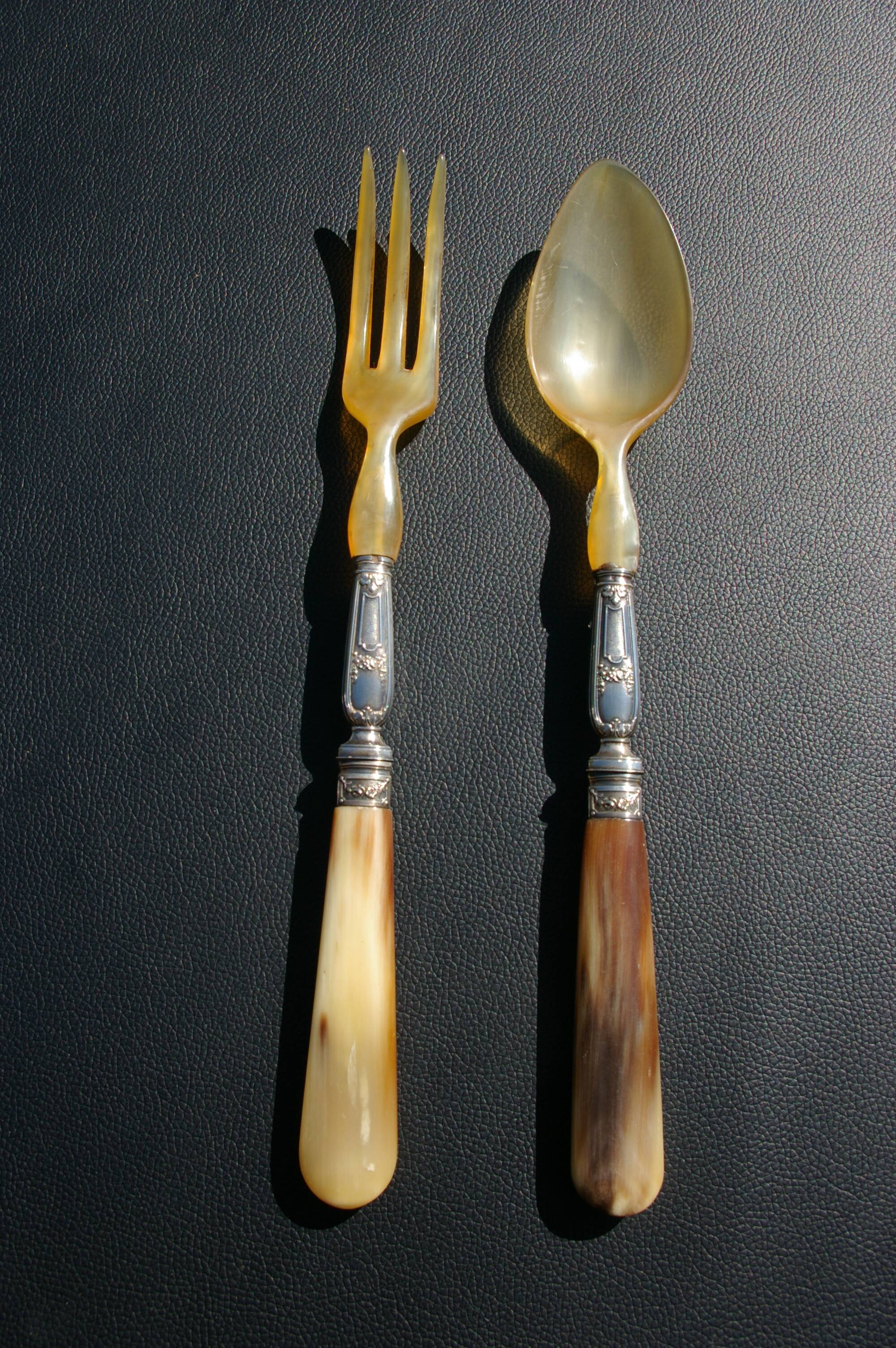 Carving Set + Salad Server Horn and Stainless Steel