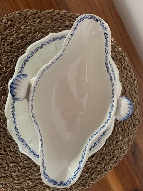 Gien earthenware gravy boat, Rouen decor