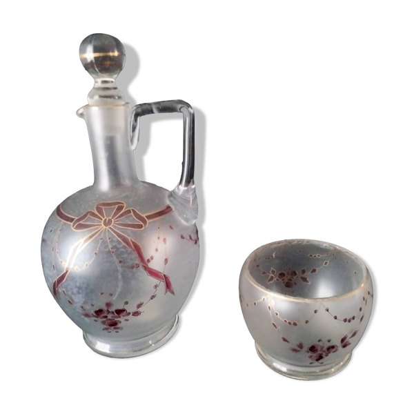 Serviteur de nuit ancien en verre givré, décor peint à la main