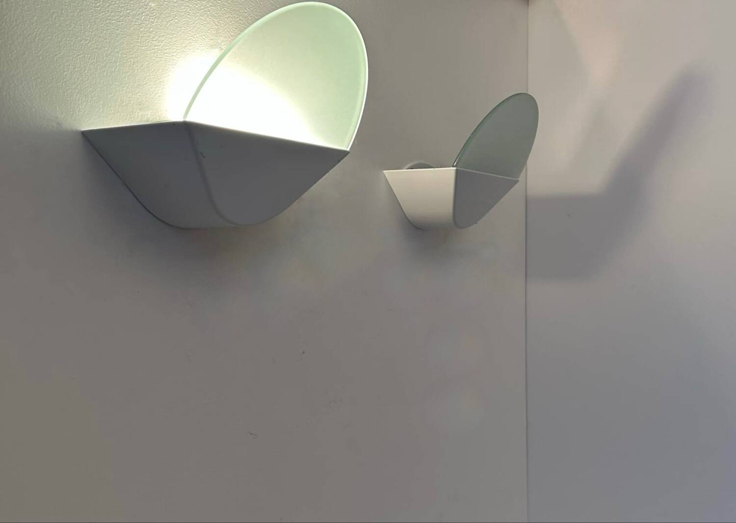 Pair of vintage wall lights, white metal and sandblasted glass, Italy 1970