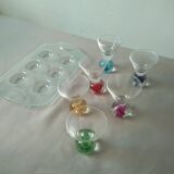 Box 6 liqueur glasses, colored ball base + serving tray, new