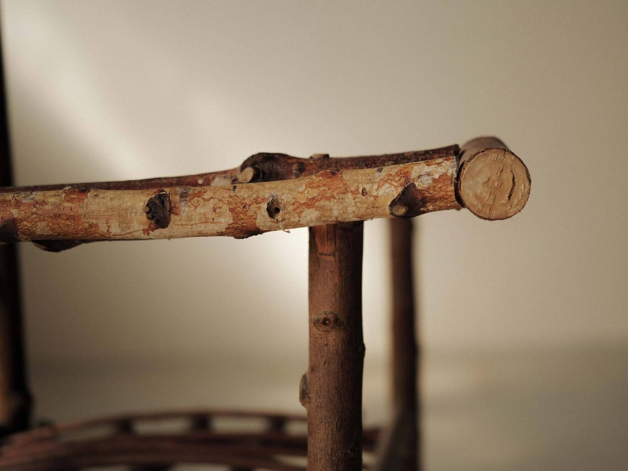 Brutalist armchair made of hazel branches, circa 1970.