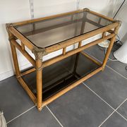 TV storage cabinet in rattan and vintage glass 1950