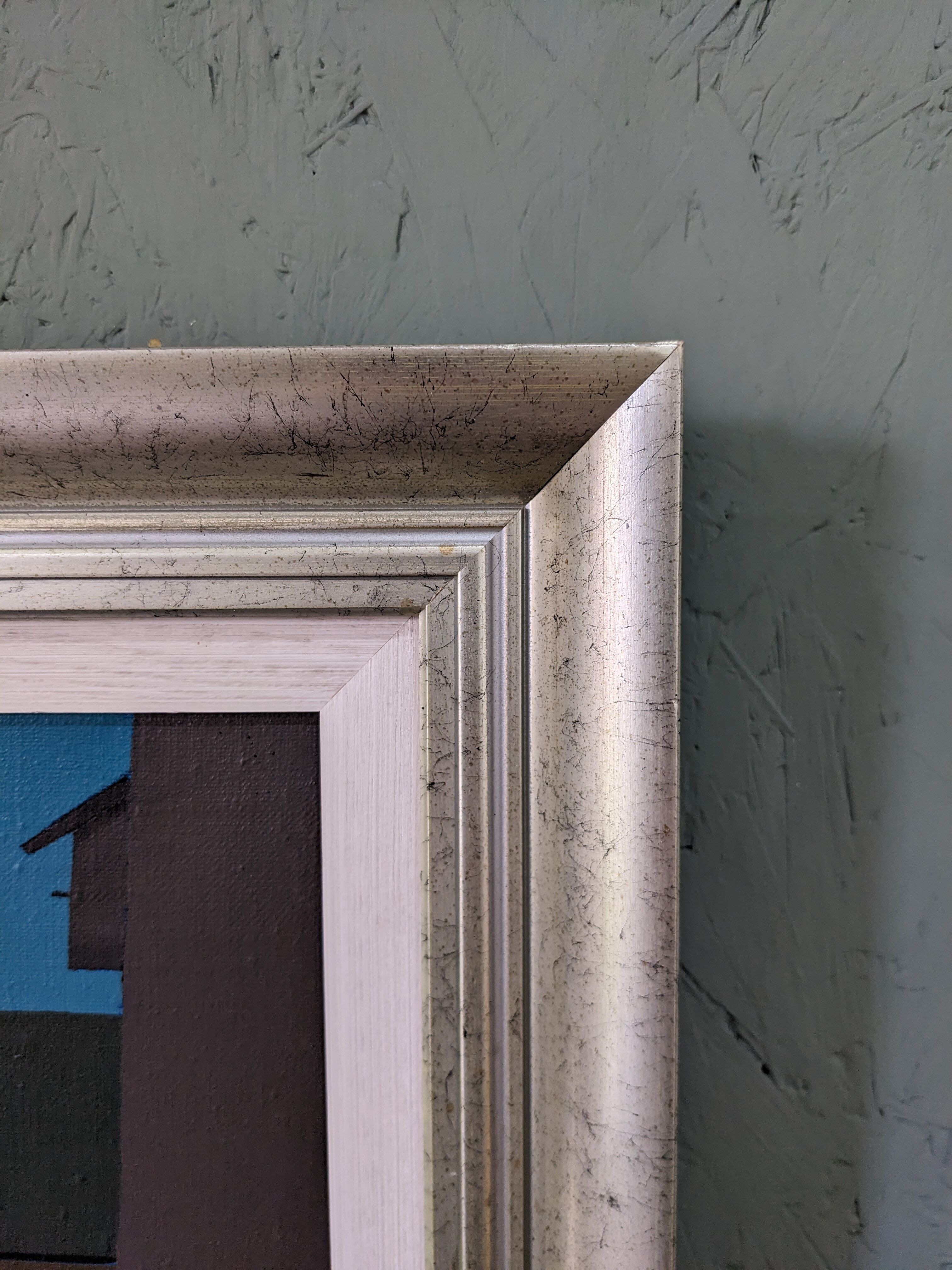 Contemporary Modernist Style Swedish "Houses at Midnight" Framed Street Scene Oil Painting, 1998