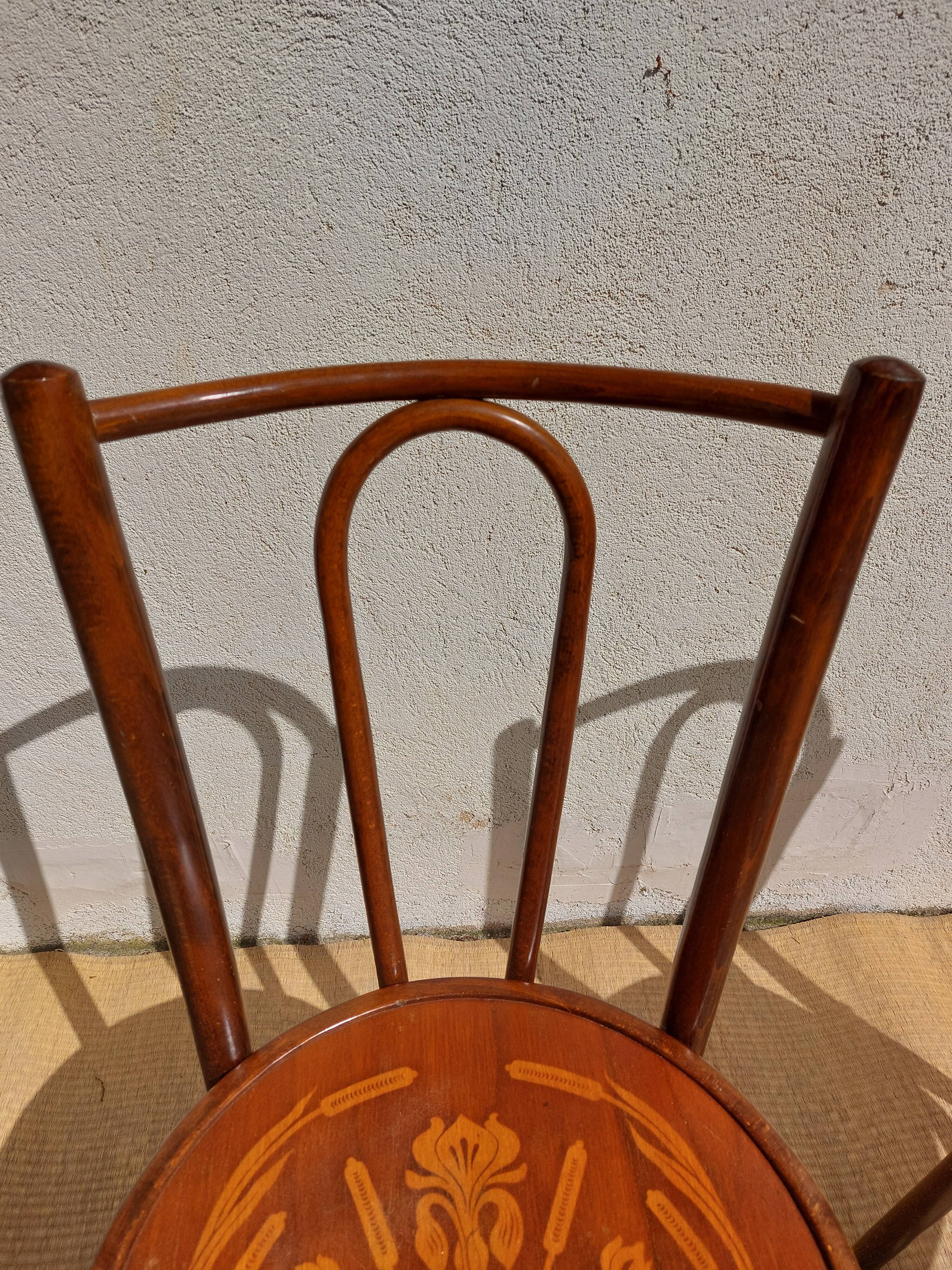 pair of bistro chairs, curved wood and pattern on the seat
